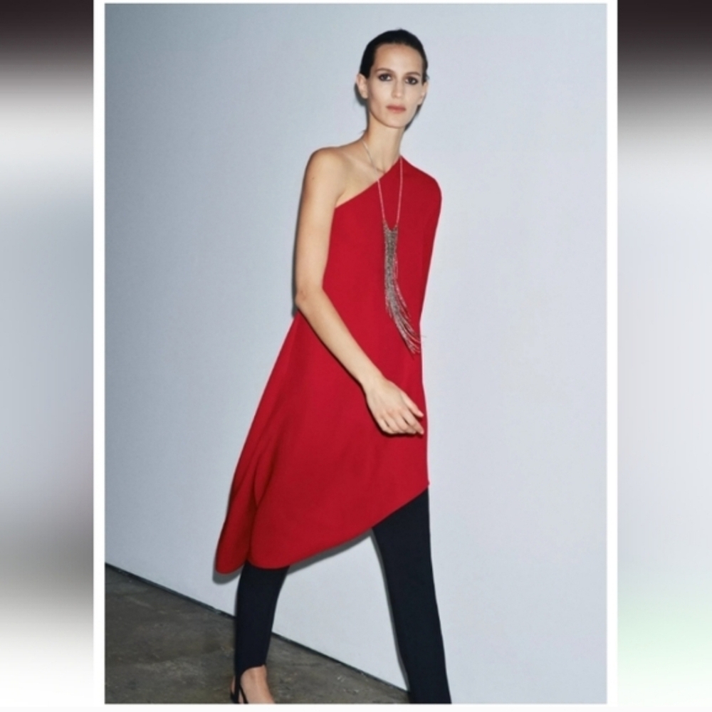 ZARA ZW COLLECTION RED ONE SHOULDER ASYMMETRICAL HEM DRESS/BLOUSE ❤️❤️❤️ - Picture 3 of 9